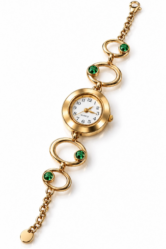 Emerald Glow Γυναικείο Χρυσό Ρολόι με Πράσινες Πέτρες